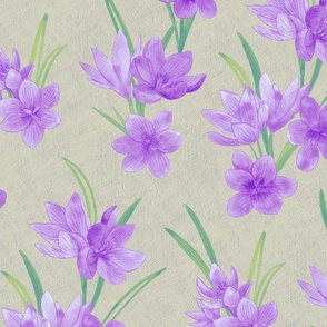 Spring Flowers - Crocus Floral Hand Drawn Textured Print in Purple over Gray
