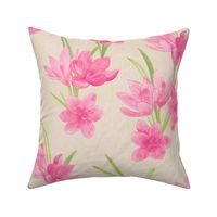 Spring Flowers - Crocus Floral Hand Drawn Textured Print in Pink over Beige