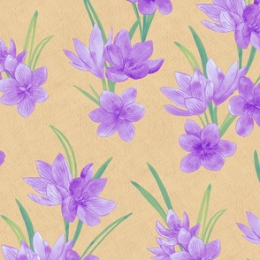 Spring Flowers - Crocus Floral Hand Drawn Textured Print in Purple over Sand Beige