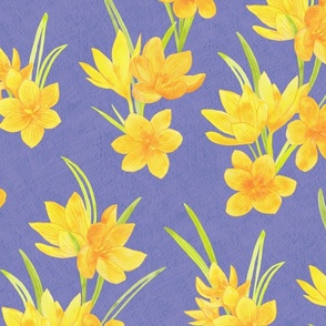 Spring Flowers - Crocus Floral Hand Drawn Textured Print in Yellow over Navy Blue