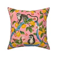 Chinoiserie monkeys and lemon tree on salmon pink