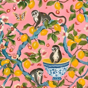 Chinoiserie monkeys and lemon tree on salmon pink