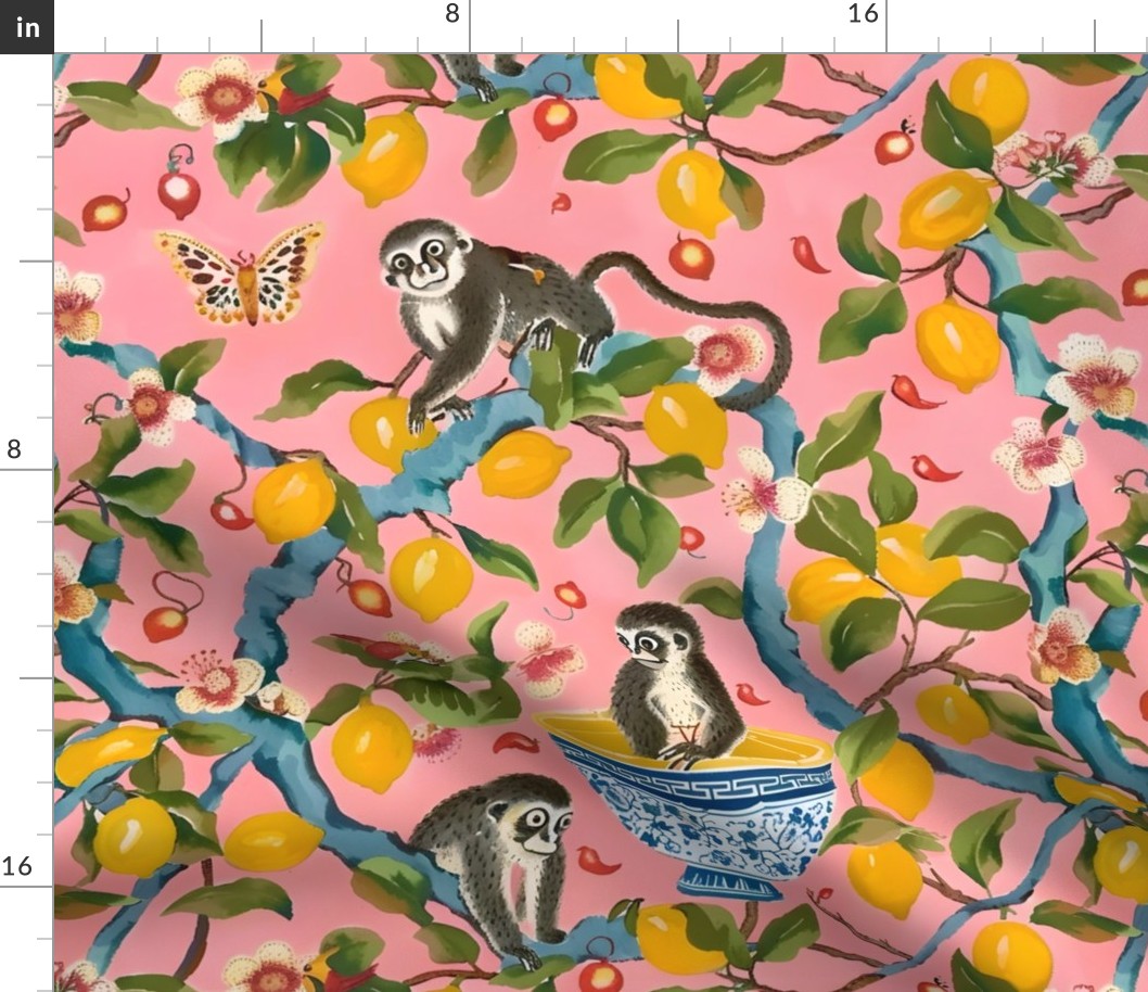 Chinoiserie monkeys and lemon tree on salmon pink