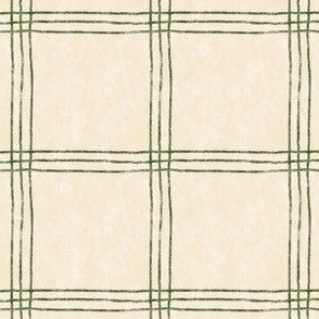 (Large Scale) Triple Stripe Waffle Weave | Cornsilk Cream & Evergreen Green | Textured Plaid