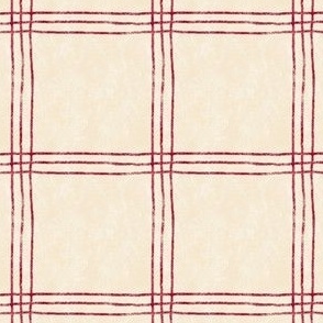 (Large Scale) Triple Stripe Waffle Weave | Cornsilk Cream & Cranberry Red | Textured Plaid