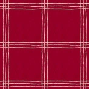 (Large Scale) Triple Stripe Waffle Weave | Cranberry Red & Cornsilk Cream | Textured Plaid