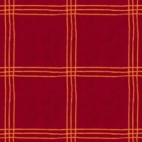 (Large Scale) Triple Stripe Waffle Weave | Cranberry Red & Saffron Yellow | Textured Plaid