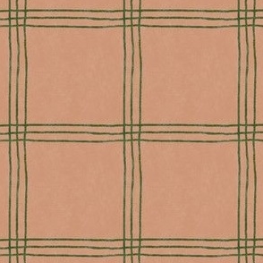 (Large Scale) Triple Stripe Waffle Weave | Caramel Taupe & Evergreen Green | Textured Plaid