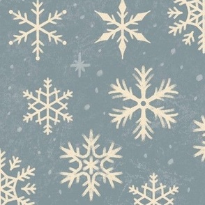(Large Scale) Snowflakes on Smokey Country Blue Chalkboard | Winter Christmas Snowing Textured