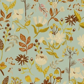 Gray green cream and terra cotta Woodland and Meadow Florals_Large