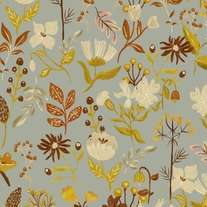 Slate gray cream and terra cotta Woodland and Meadow Florals_Large