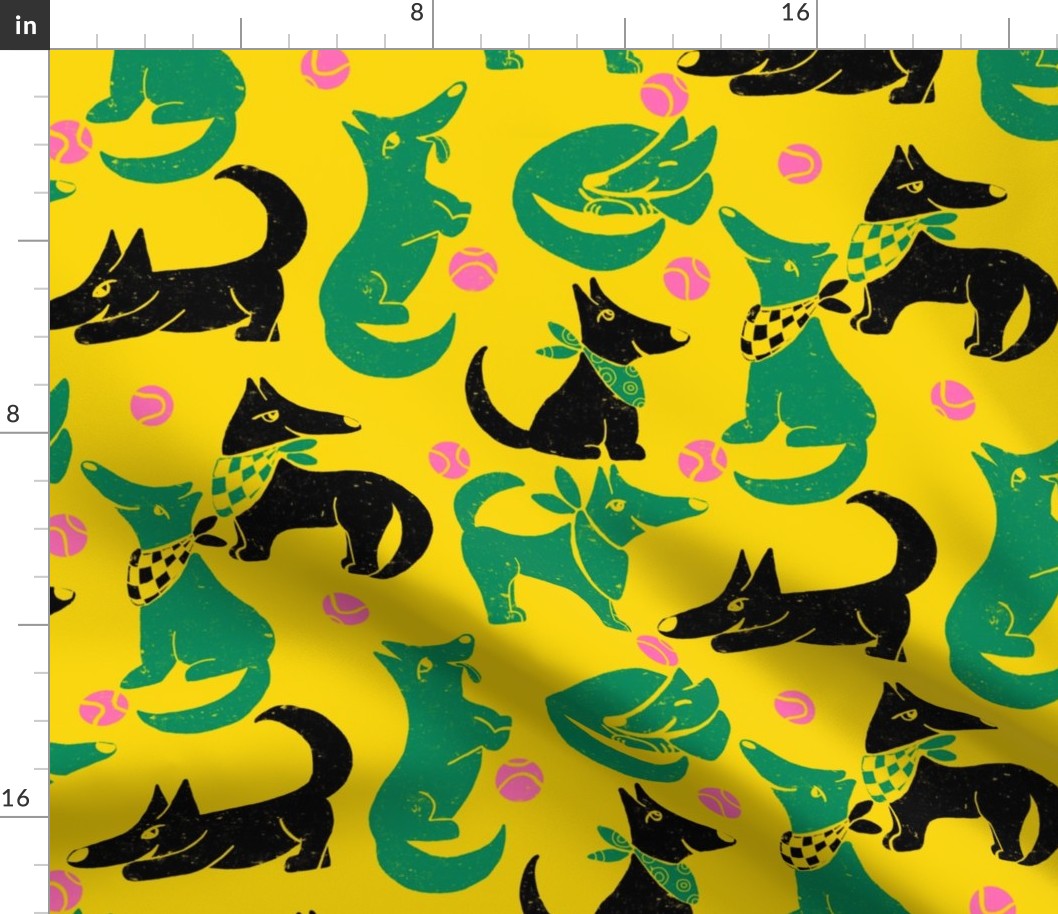 Whimsical Retro Puppies Playful Pattern on Yellow Background