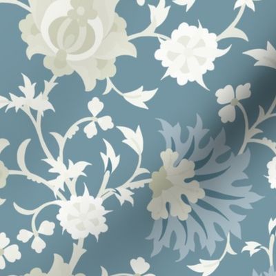 Large  Scale Stylised Botanical Turkish Inspired Trailing Floral in Soft Grey Blue and Cream