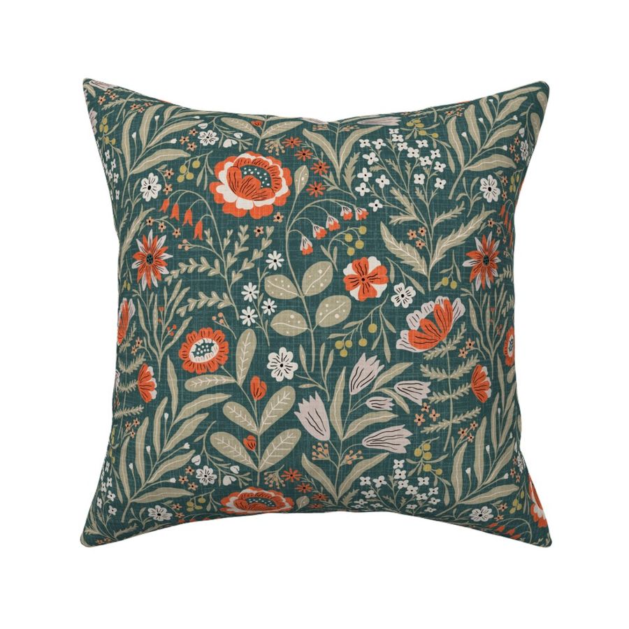 (M)-Bohemian Vintage Wild Flowers Floral-Modern Retro Garden- Rustic Textured-Grandmillennial-Deep Green-Red-White