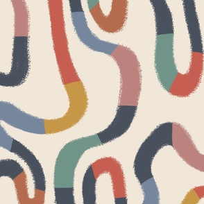 BRIGHT HAND DRAWN ABSTRACT CURVED WAVY LINES-RED-PUCE PINK-DENIM BLUE-NAVY-TERRA COTTA ORANGE-EMERALD GREEN-GOLDEN YELLOW-OFF WHITE BEIGE