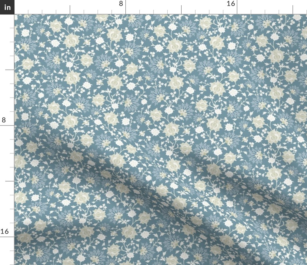 Extra Small Scale Scale Stylised Botanical Turkish Inspired Trailing Floral in Soft Grey Blue and Cream