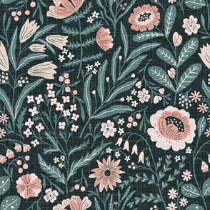 (M)-Bohemian Vintage Wild Flowers Floral-Modern Retro Garden- Rustic Textured-Grandmillennial-Black-Green-Pink