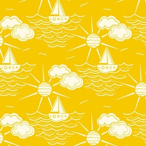 Sunny Day Out | 24" | Block Print Boats on Water in Sunshine Yellow