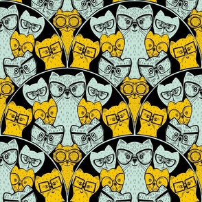 Weird Cats | 24" | quirky cats in glasses - mint and yellow cats on a black background