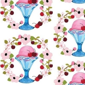 Ice Cream with cherries and cherry blossoms, pink cherry sorbet blue cup