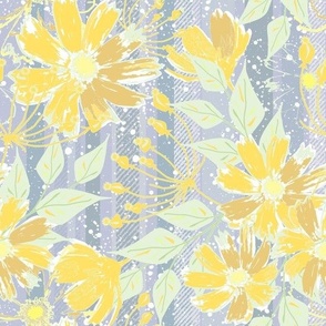 Retro floral pattern. Yellow flowers on a striped gray background.