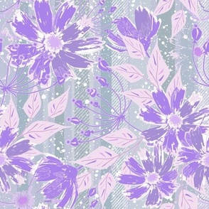 Retro floral pattern. Lilac, purple flowers on a striped gray background.