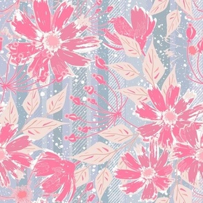 Retro floral pattern. Pink flowers on a striped gray background.
