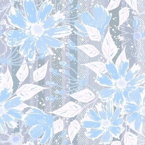 Retro floral pattern. Light blue flowers on a striped gray background.