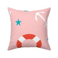 Nautical Anchors Pink Mist Large - nautical, marine, hand-drawn, boat anchors, stars, rescue float, throw rings, life preserver ring, whimsical, red, white, blue, cute, fun, table cloth, ocean, coastal decor, clothes, kids, children, wallpaper