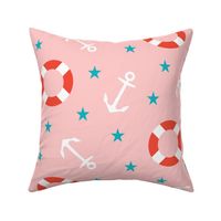 Nautical Anchors Pink Mist Medium - nautical, marine, hand-drawn, boat anchors, stars, rescue float, throw rings, life preserver ring, whimsical, red, white, blue, cute, fun, table cloth, ocean, coastal decor, clothes, kids, children, wallpaper