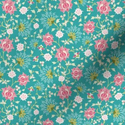 Extra Small Scale Stylised Botanical Turkish Inspired Trailing Floral in Pink and Turquoise