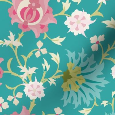 Large Scale Stylised Botanical Turkish Inspired Trailing Floral in Pink and Turquoise