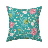 Large Scale Stylised Botanical Turkish Inspired Trailing Floral in Pink and Turquoise