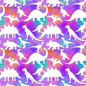 Dinosaur Silhouettes on Watercolor Pink Blue Teal