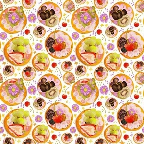 4”repeat hand drawn afternoon tea fruit and cream cheese tossed fancy biscuits with strawberries, cherries, kiwi fruit, berries, grapes, stars and flowers with faux woven burlap texture on white