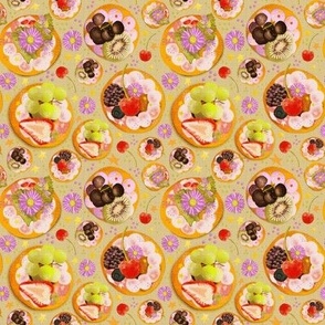 4” repeat hand drawn afternoon tea fruit and cream cheese tossed fancy biscuits with strawberries, cherries, kiwi fruit, berries, grapes, stars and flowers with faux woven burlap texture on sage green