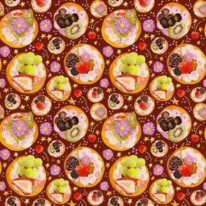 4” repeat hand drawn afternoon tea fruit and cream cheese tossed fancy biscuits with strawberries, cherries, kiwi fruit, berries, grapes, stars and flowers with faux woven burlap texture on oxblood claret
