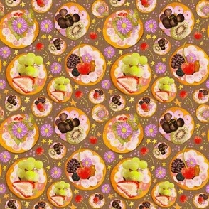 4” repeat hand drawn afternoon tea fruit and cream cheese tossed fancy biscuits with strawberries, cherries, kiwi fruit, berries, grapes, stars and flowers with faux woven burlap texture on earthy brown
