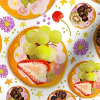 12” repeat hand drawn afternoon tea fruit and cream cheese tossed fancy biscuits with strawberries, cherries, kiwi fruit, berries, grapes, stars and flowers with faux woven burlap texture on white