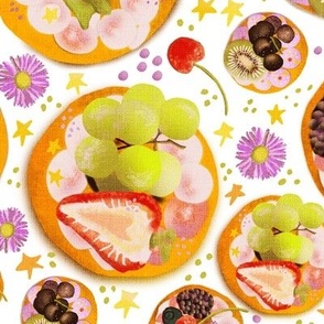 12” repeat hand drawn afternoon tea fruit and cream cheese tossed fancy biscuits with strawberries, cherries, kiwi fruit, berries, grapes, stars and flowers with faux woven burlap texture on white