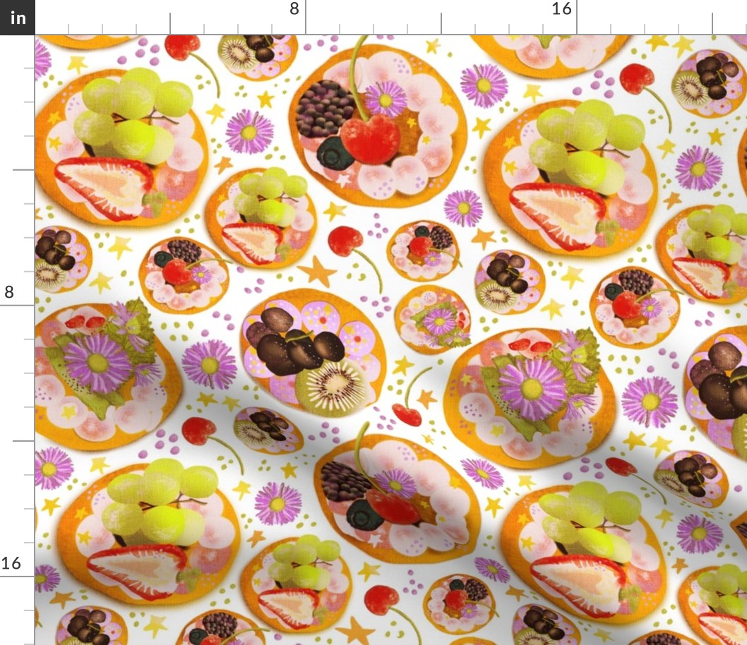 12” repeat hand drawn afternoon tea fruit and cream cheese tossed fancy biscuits with strawberries, cherries, kiwi fruit, berries, grapes, stars and flowers with faux woven burlap texture on white