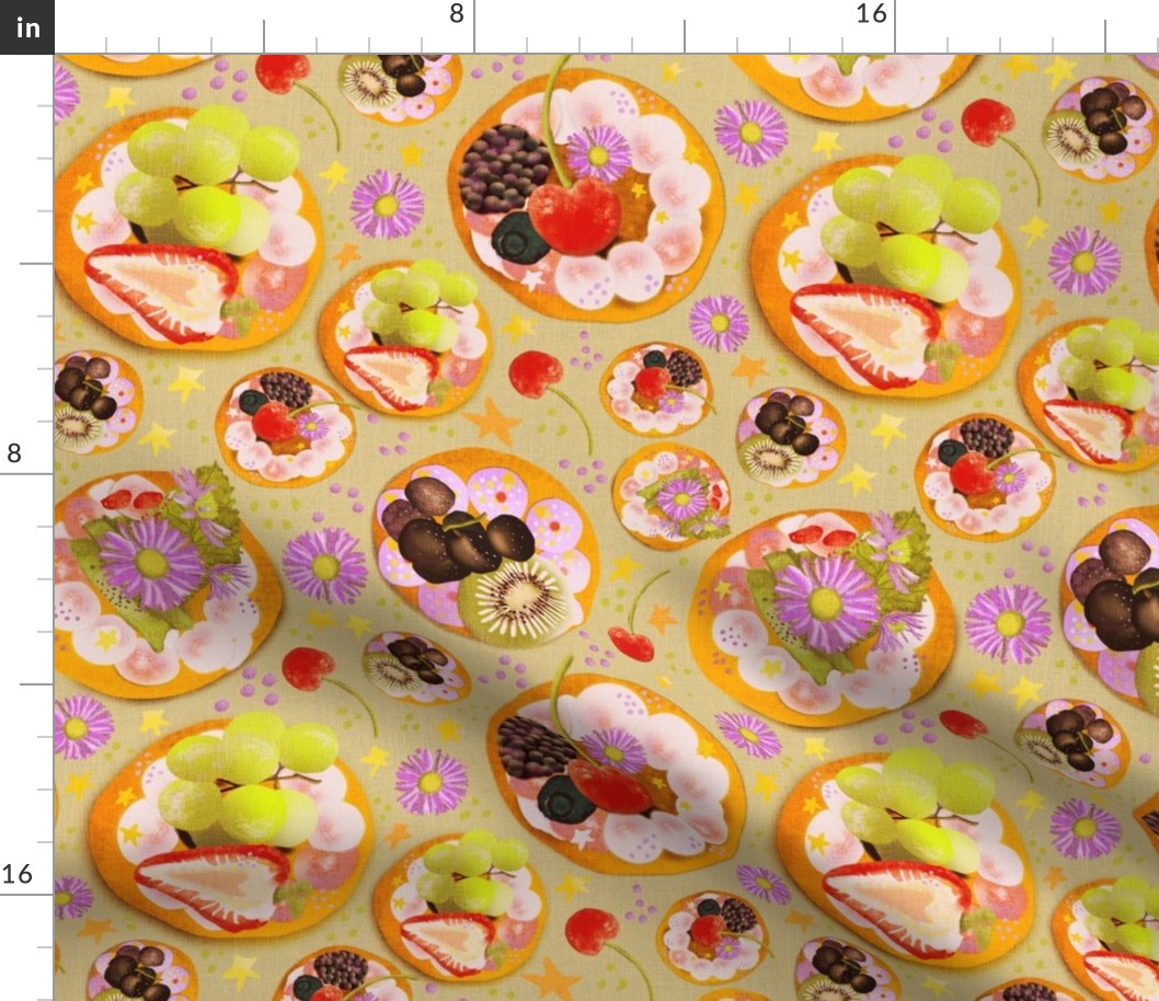 12” repeat hand drawn afternoon tea fruit and cream cheese tossed fancy biscuits with strawberries, cherries, kiwi fruit, berries, grapes, stars and flowers with faux woven burlap texture on sage green