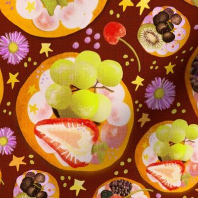 12” repeat hand drawn afternoon tea fruit and cream cheese tossed fancy biscuits with strawberries, cherries, kiwi fruit, berries, grapes, stars and flowers with faux woven burlap texture on oxblood claret