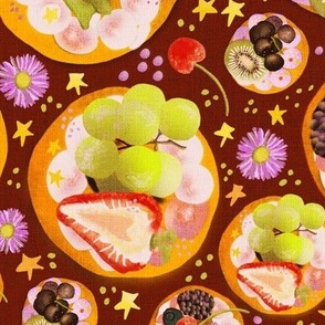 12” repeat hand drawn afternoon tea fruit and cream cheese tossed fancy biscuits with strawberries, cherries, kiwi fruit, berries, grapes, stars and flowers with faux woven burlap texture on oxblood claret