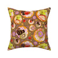 12” repeat hand drawn afternoon tea fruit and cream cheese tossed fancy biscuits with strawberries, cherries, kiwi fruit, berries, grapes, stars and flowers with faux woven burlap texture on earthy brown