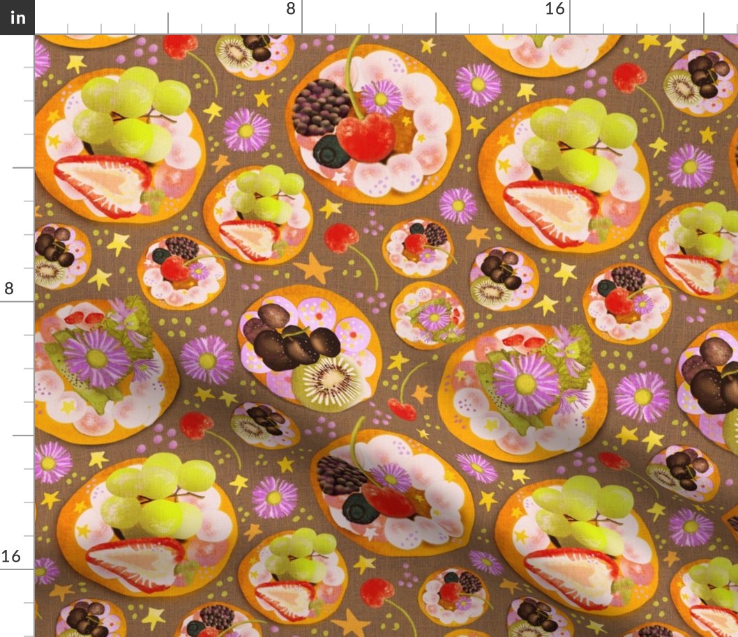 12” repeat hand drawn afternoon tea fruit and cream cheese tossed fancy biscuits with strawberries, cherries, kiwi fruit, berries, grapes, stars and flowers with faux woven burlap texture on earthy brown