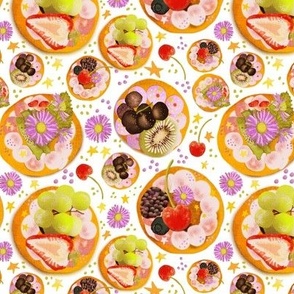 6” repeat hand drawn afternoon tea fruit and cream cheese tossed fancy biscuits with strawberries, cherries, kiwi fruit, berries, grapes, stars and flowers with faux woven burlap texture on white