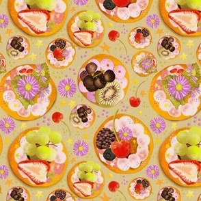 6” repeat hand drawn afternoon tea fruit and cream cheese tossed fancy biscuits with strawberries, cherries, kiwi fruit, berries, grapes, stars and flowers with faux woven burlap texture on sage green
