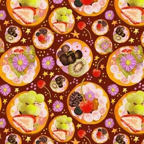 6” repeat hand drawn afternoon tea fruit and cream cheese tossed fancy biscuits with strawberries, cherries, kiwi fruit, berries, grapes, stars and flowers with faux woven burlap texture on oxblood claret