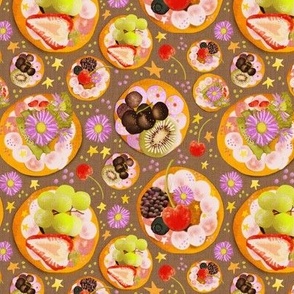 6” repeat hand drawn afternoon tea fruit and cream cheese tossed fancy biscuits with strawberries, cherries, kiwi fruit, berries, grapes, stars and flowers with faux woven burlap texture on earthy brown